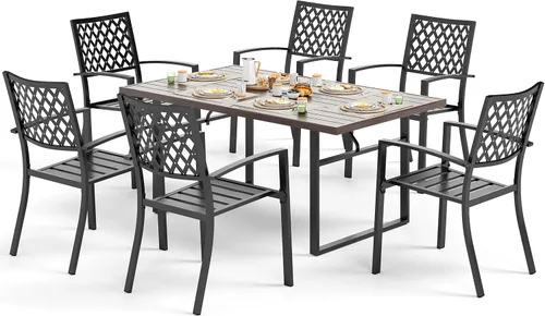 Vista 11 de SUNSHINE VALLEY Juego de 7 sillas de comedor para patio, material metálico, 6 sillas de comedor de color teca rectangular con agujero para sombrilla