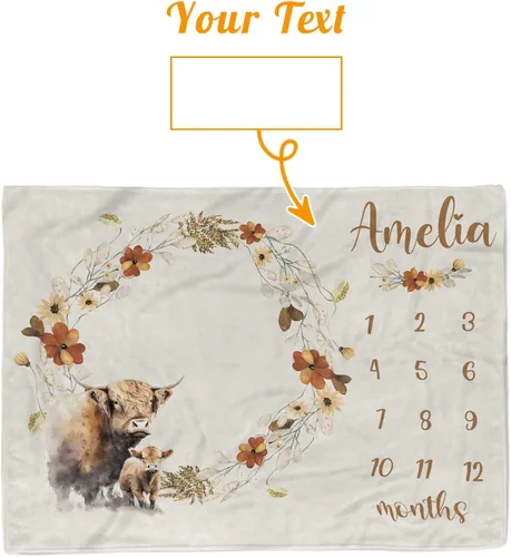 Vista 8 de Manta de hito mensual personalizada para bebé, nombre personalizado con fondo de fotografía de diseño de ganado de las tierras altas, manta de felpa