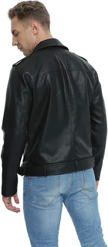 Vista 6 de Fahsyee Leather Jackets for Men, Faux Bomber Jacket Men Motorcycle Lapel Asymmetric Zip-Up Blet Slim Fit Biker Coat