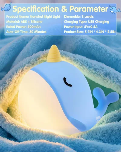 Vista 6 de Fuloon Narwhal - Luz nocturna con forma de ballena, lámpara de silicona blanda para niños, control táctil seguro y relajante para niños y bebés