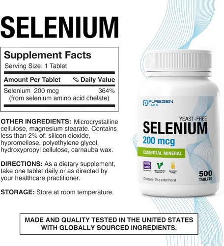 Vista 2 de Puregen Labs Selenio 200 mcg Mineral esencial sin levadura – 500 tabletas vegetarianas Apoyo inmunológico y antioxidante Sin OMG, sin gluten