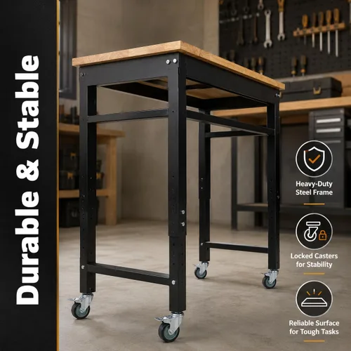 Vista 5 de Banco de trabajo ajustable de 48 pulgadas con ruedas, mesa de trabajo resistente de 2000 libras, banco de herramientas de taller, metal con parte