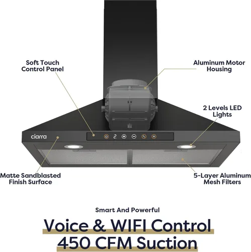Vista 2 de CIARRA Campana extractora inteligente de 30 pulgadas con control de voz, compatible con Alexa/Google Home/Smart Life Assistant, campana extractora