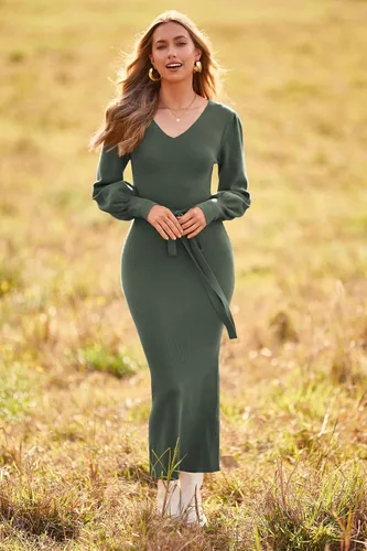Vista 7 de PRETTYGARDEN Womens 2024 Fall Knit Pullover Lantern Sleeve V Neck Maxi Dress