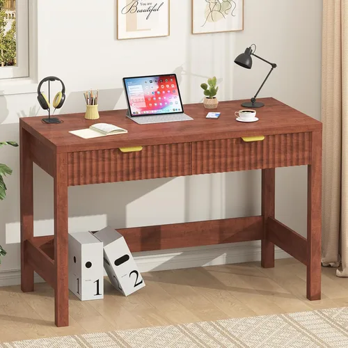 Vista 11 de YOMILUVE Escritorio estriado para computadora con 2 cajones, escritorio pequeño de computadora de 39 pulgadas con almacenamiento, escritorio Blanco