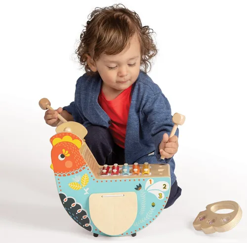 Vista 5 de Manhattan Toy Pollo Musical Instrumento de Madera para Niños Pequeños con Xilófono, Baquetas, Platillo y Maraca, Azul