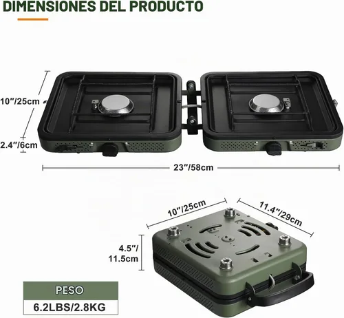 Vista 2 de Estufa de camping de propano de 2 quemadores, estufa de gas plegable portátil para acampar con 17200 BTU, dos quemadores ajustables con mango