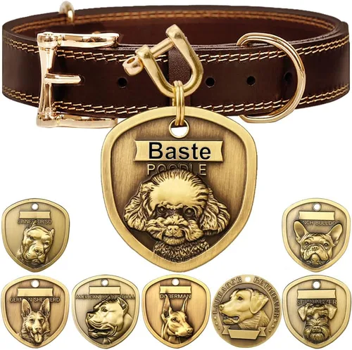 Vista 29 de Collar de cuero auténtico para perro + Juego de etiqueta para perro bulldog con relieve 3D (XS-S)