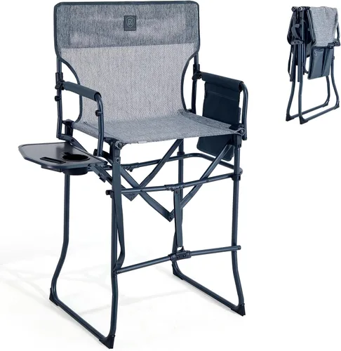 Vista 16 de EVER ADVANCED Silla alta de textileno para campamento, silla de directores de malla, taburete de bar plegable alto con mesa auxiliar