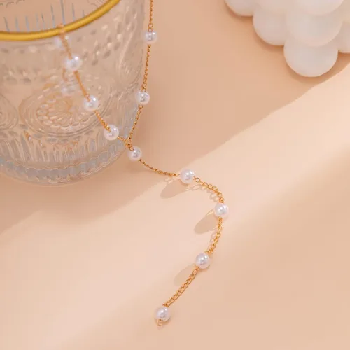 Vista 2 de Delicado collar de perlas para mujer, collar de oro y perlas, collar largo bohemio de perlas sintéticas para playa, joyería de perlas para mujer