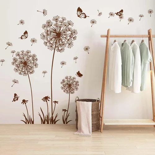Vista 9 de 2 hojas de calcomanías de pared de flores silvestres de diente de león, calcomanías de arte para pared, despegar y pegar, mariposas florales