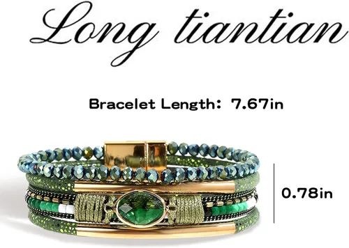 Vista 5 de Long tiantian Leather Wrap Bracelets Crystal Bead Bracelet Boho Cuff Stone Charm Bracelets with Clasp Multi-Layer Leather Cuff Bangle Jewelry Gifts