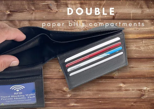 Vista 6 de Bullz RFID bloqueo de señal de protección contra robo de cuero grande grueso de seguridad para hombre cartera, Negro