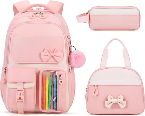 Vista 11 de Mochila para niñas, mochila escolar para niñas, bonita mochila con lazo para niñas, niños y adolescentes, para estudiantes de escuela primaria