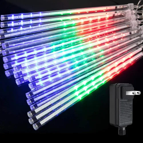 Vista 6 de Luces de lluvia de meteoros al aire libre, luces navideñas, 24 tubos, 576 LED, efecto de caída de nieve, lluvia en cascada, carámbanos, luz