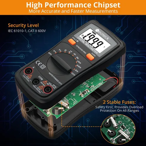 Vista 2 de Neoteck Multímetro digital de rango automático, medidor de voltaje Ohm de amplificador AC/DC con resistencia, continuidad, capacitancia y prueba