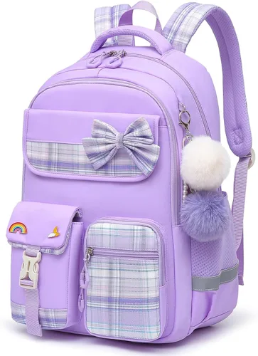 Vista 7 de Alrisg Mochila escolar para niñas, a cuadros, ligera, con lazo, color negro