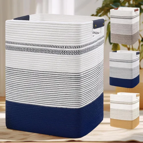 Vista 18 de DOFASAYI Cesta de lavandería grande de 72 litros con asas de cuero, cesta de almacenamiento decorativa para mantas, cesta de ropa para sala