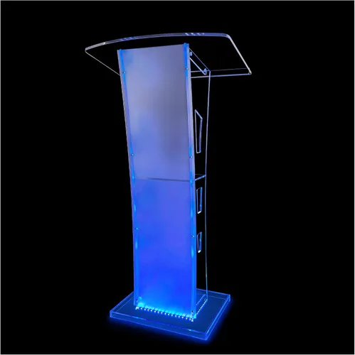 Vista 8 de Púlpito de Iglesia Personalizable con Logo y Texto, Atril con Soporte, Podium Transparente de Acrílico LED con Ruedas y Plataforma de Lectura