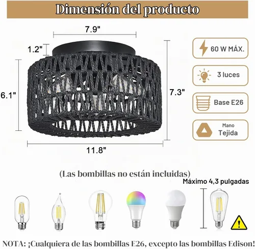 Vista 5 de Lámparas de Techo de Ratán para Montaje, Lámpara de Techo Empotrada Boho de 3 Luces, Iluminación de Lámpara con Pantalla de Jaula Tejida a Mano Negro