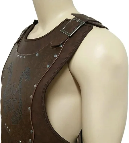 Vista 5 de Chaleco de cuero vikingo armadura de guerrero hombro piel sintética medieval vikingo placa de pecho LARP fiesta de Halloween