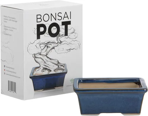 Vista 3 de Leaves and Soul Kit de bonsái - Juego de macetas de cerámica azul con mezcla de tierra, alambre de entrenamiento de 160 pies, cortador, fertilizante