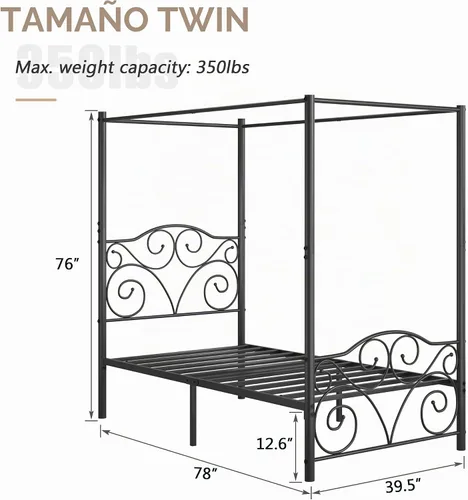 Vista 2 de VECELO Base de cama con dosel de metal, tamaño individual, base de colchón con plataforma de 4 pósteres con cabecero, soporte de listones de acero