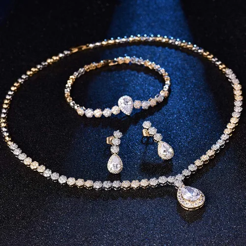 Vista 3 de Hadskiss - Juego de joyas, collar y aretes colgantes, chapado en oro blanco con circonia cúbica blanca AAA, joyería para bodas y fiestas