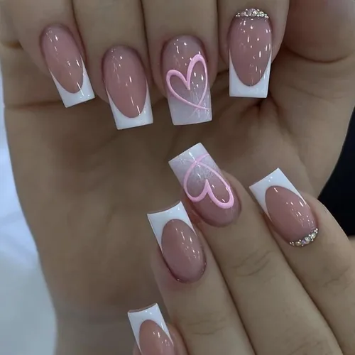 Vista 15 de Uñas postizas a presión para San Valentín, uñas postizas cortas cuadradas MABKJLF nude con diseños de labios, cobertura completa, pegamento