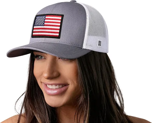 Vista 4 de HAKA Sombrero de la bandera estadounidense, sombrero de camionero de Estados Unidos para hombres y mujeres, gorra de béisbol ajustable, malla a