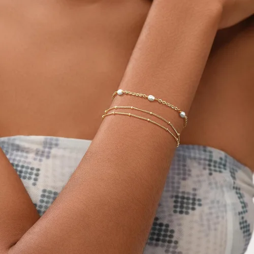 Vista 3 de MEVECCO Pulsera para mujer, chapada en oro de 14 quilates, cadena delicada, joyería simple, hecha a mano, minimalista para ella