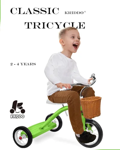 Vista 2 de KRIDDO Triciclo clásico de metal para niños pequeños, regalo para niños y niñas de 2 a 4 años, triciclo para niños de 1 a 3 años, cubierta trasera