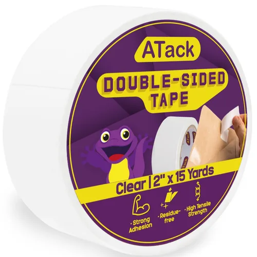 Vista 12 de ATack Cinta transparente extra adhesiva de doble cara, extraíble, 2 pulgadas x 20 yardas, segura para pared, cinta de tela autoadhesiva de doble