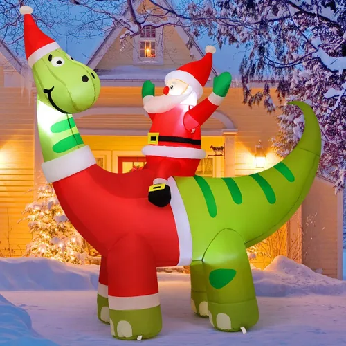 Vista 2 de COMIN Decoraciones Inflables de Navidad de 6 pies para Exteriores, Papá Noel Inflable Montando un Dinosaurio Inflable con LEDs Integrados