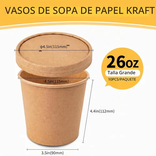 Vista 3 de PakTalk Cuencos de Papel para Sopa con Tapas, Tazas Desechables para Helado de Papel Kraft, Cuencos para Sopa de 26 oz, Contenedores para Llevar
