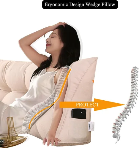 Vista 4 de Almohada de cuña triangular única para cabecero, almohada triangular de lectura para sentarse en la cama, almohada de cuña para cabecero para Beige