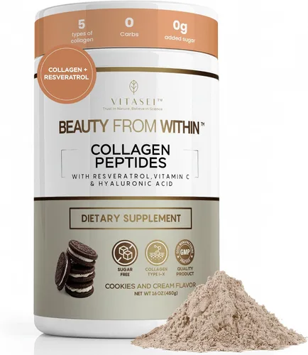 Vista 9 de VITASEI Polvo de péptidos de colágeno hidrolizados con resveratrol y vitamina C - Soporte para cabello, piel, uñas y articulaciones - Colágeno