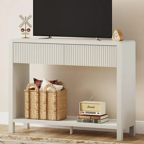 Vista 8 de FATORRI Mesa consola estrecha con almacenamiento, mesa de sofá de madera para entrada, mesas de pasillo modernas de 39.37 pulgadas y mesas de sofá