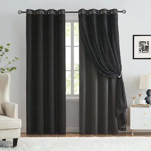 Vista 10 de Jubilantex Cortinas opacas completas + paneles de ventana transparentes con hojas, juego de tratamiento de ventana de doble capa estilo mezcla