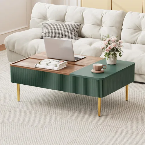 Vista 2 de HLR Mesa de Centro de 47" con Tapa de Elevación Doble y Almacenamiento, Mesa de Centro Moderna de Madera Acanalada con Compartimento Oculto, Mesa