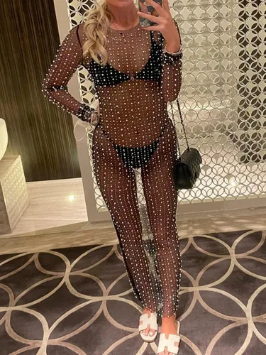 Vista 3 de Vestido de malla transparente con diamantes de imitación y perlas para mujer