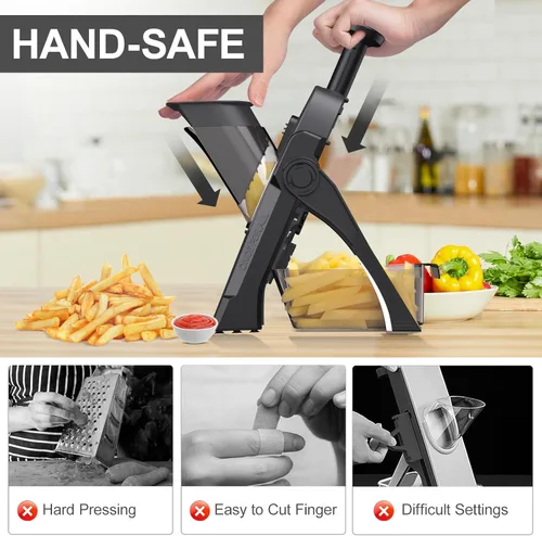 Vista 2 de Cortador de mandolina 5 en 1 seguro para cocina, picador de verduras seguro, cuchillo de pelar, grosor ajustable, fácil de limpiar, rebanador