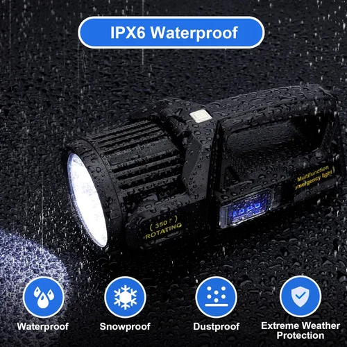 Vista 6 de Linterna de foco recargable, 2,000,000 L lúmenes, luz LED de mano con rotación de 350°, 9 modos, carga solar y USB-C, impermeable, linterna