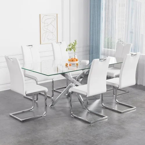 Vista 14 de Juego de mesa de comedor de 36 pulgadas para 4, moderna parte superior cuadrada de vidrio templado, mesa de patas de acero inoxidable con acabado