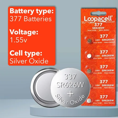 Vista 8 de LOOPACELL 377/376 / SR626W / SR626SW / Baterías de reloj de óxido de plata (paquete de 5) – Batería de celda de moneda de larga duración de 1.55 V