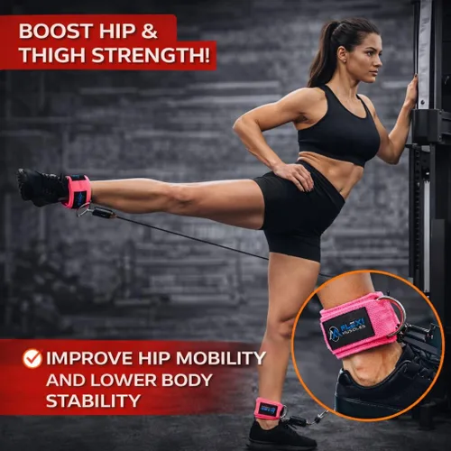 Vista 5 de Correas de tobillo Flexi MusCLES para máquinas de cable. Nuestras cómodas correas acolchadas ajustables para entrenamiento de tobillo con doble