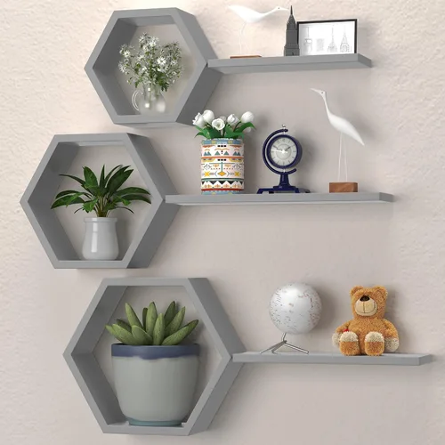 Vista 10 de Estantes hexagonales flotantes geométricos de panal – Estantes flotantes hexagonales montados en la pared, estantes de pared de panal juego de 6