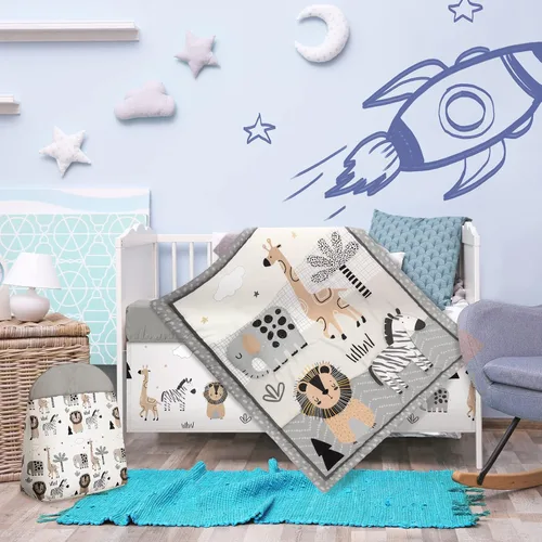 Vista 7 de Juego de ropa de cama de 4 piezas para cuna con animales del bosque, incluye falda de cuna de safari en la jungla, manta, sábana de cuna y apilador