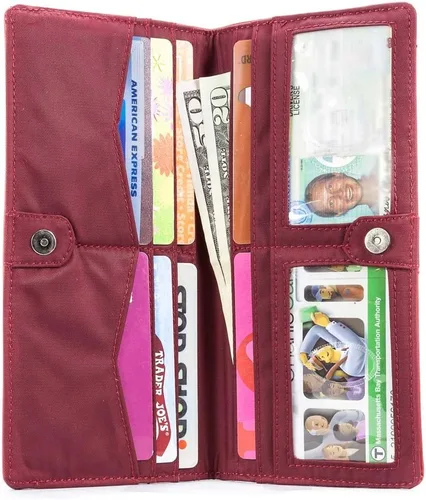 Vista 2 de Big Skinny Billetera ejecutiva de piel para mujer con pliegue doble, porta hasta 40 tarjetas Rojo