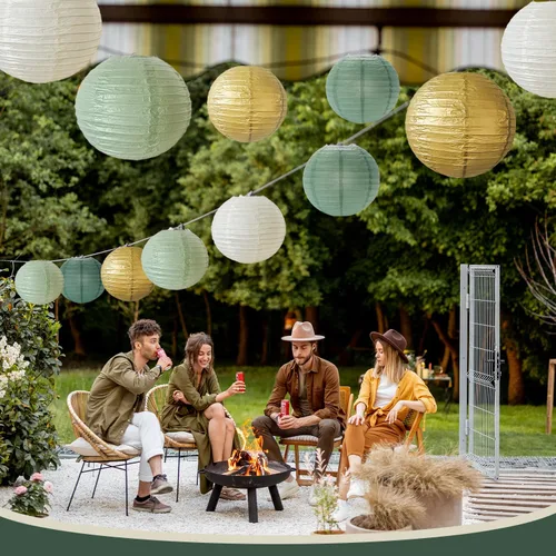 Vista 2 de 12 linternas de papel color verde salvia dorado verde oliva chino colgantes redondas linternas de papel para cumpleaños, boda, despedida de soltera
